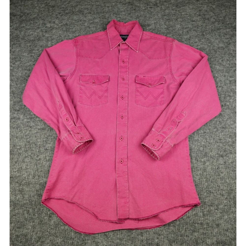 Vintage Wrangler Brushpopper Shirt Mens 15.5-34 Pink Regular Fit X-Long Tails